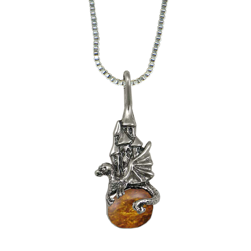Sterling Silver Castle And Dragon of Prosperity Pendant With Amber